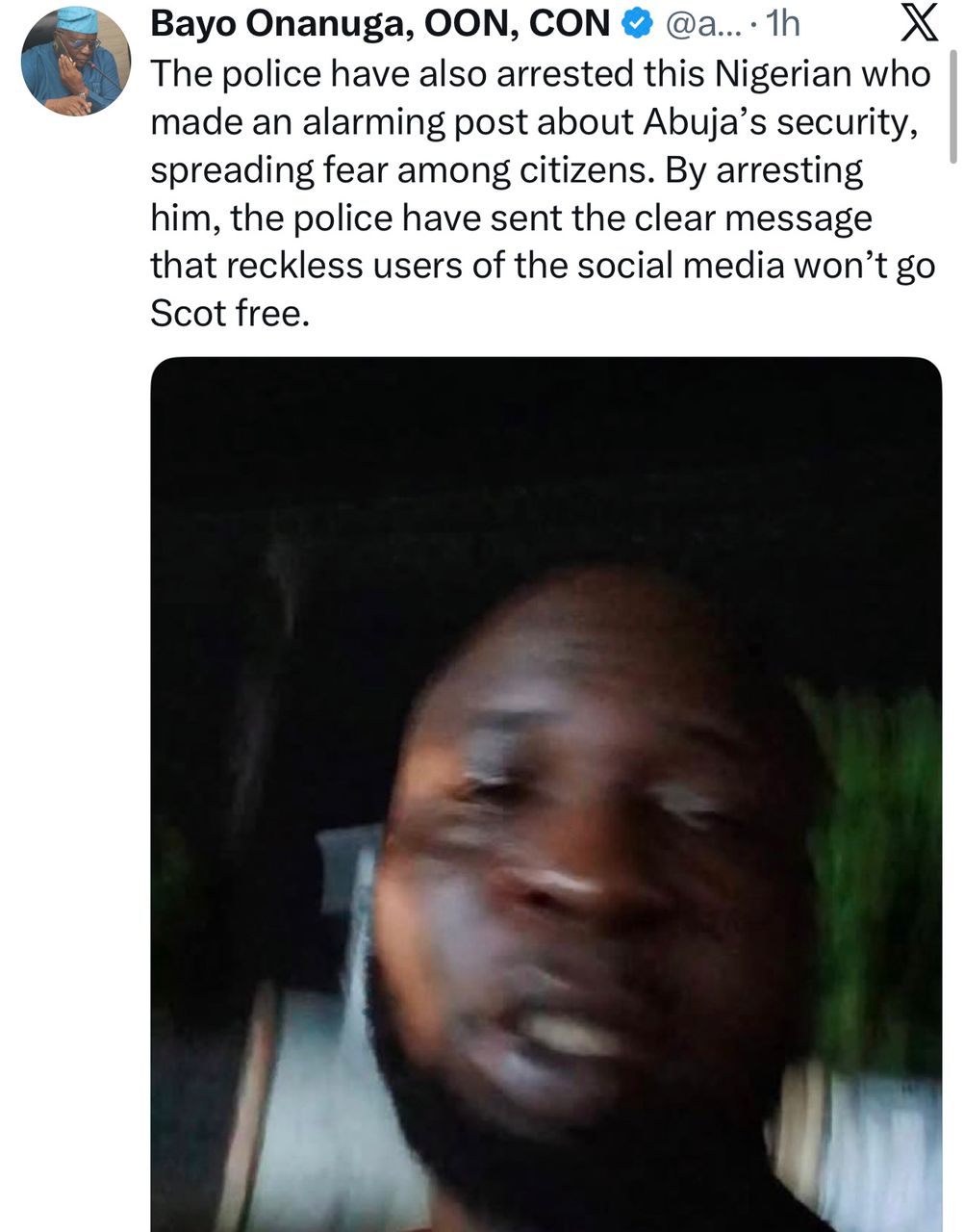 Reckless users of the social media won?t go scot-free - Bayo Onanuga announces arrest of man who raised false alarm about insecurity in Abuja